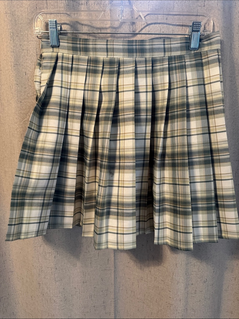 Green and Cream Plaid Pleated Skater Skirt